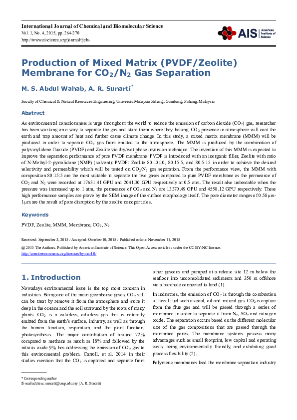 (PDF) Production of Mixed Matrix (PVDF/Zeolite) Membrane for CO 2 /N 2 ...