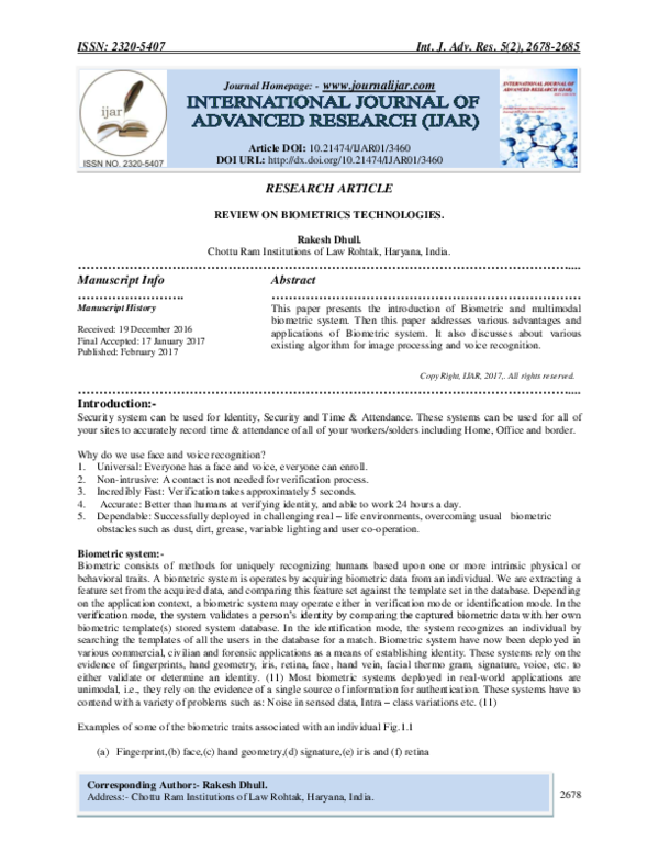(PDF) REVIEW ON BIOMETRICS TECHNOLOGIES