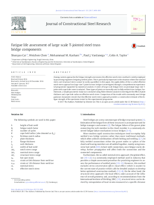 (PDF) Fatigue life assessment of large scale T-jointed steel truss ...