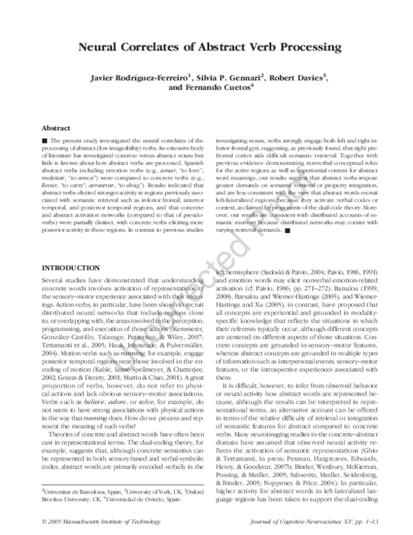 (PDF) Neural correlates of abstract verb processing