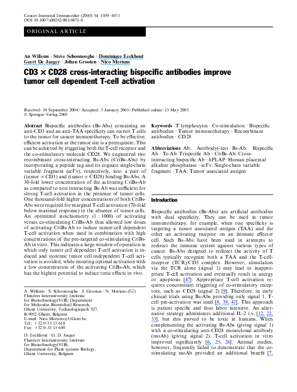 (PDF) CD3 × CD28 cross-interacting bispecific antibodies improve tumor ...
