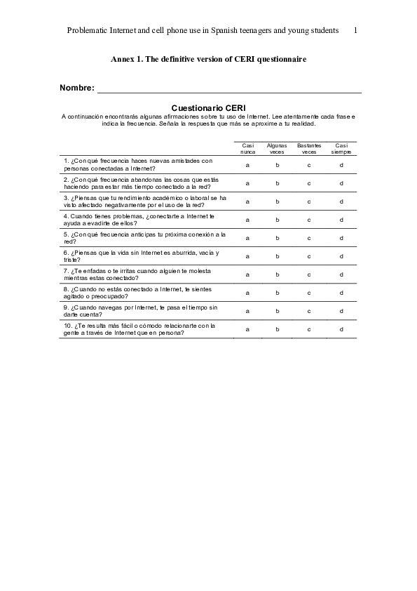 (PDF) Problematic Internet and cell phone use in Spanish teenagers and ...