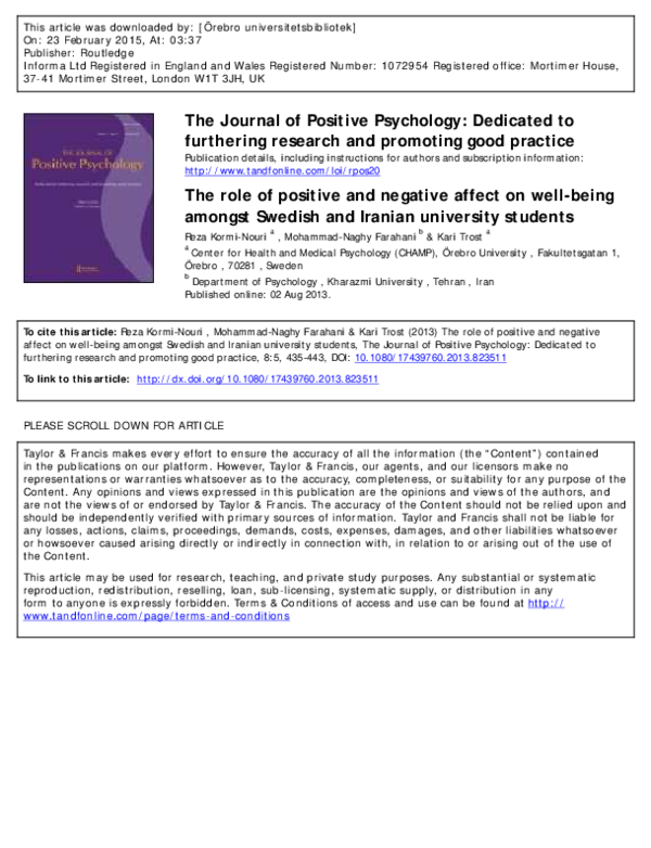 (PDF) The role of positive and negative affect on well-being amongst ...