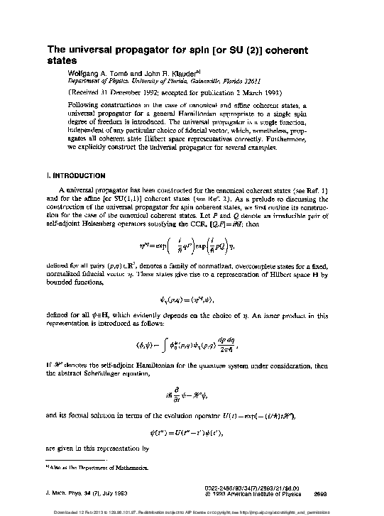 (PDF) The universal propagator for spin [or SU (2)] coherent states