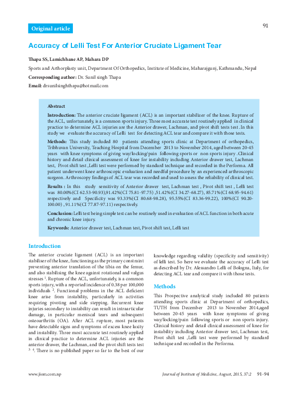 Pdf Accuracy Of Lelli Test For Anterior Cruciate Ligament Tear