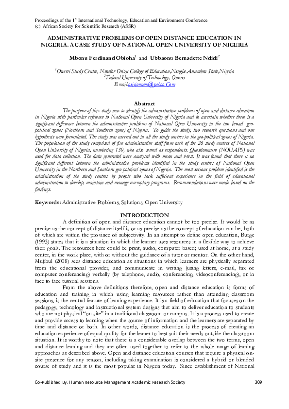 (PDF) ADMINISTRATIVE PROBLEMS OF OPEN DISTANCE EDUCATION IN NIGERIA. A ...