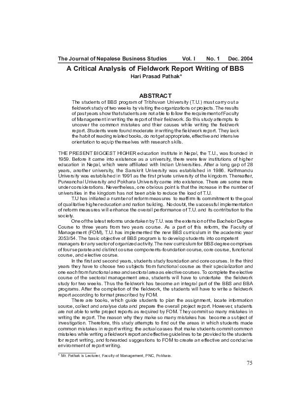 (PDF) A Critical Analysis of Fieldwork Report Writing of BBS