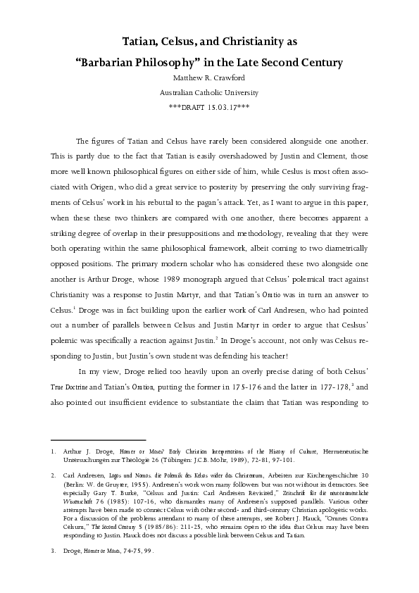 First page of “Tatian, Celsus, and Christianity as " Barbarian Philosophy " in the Late Second Century”