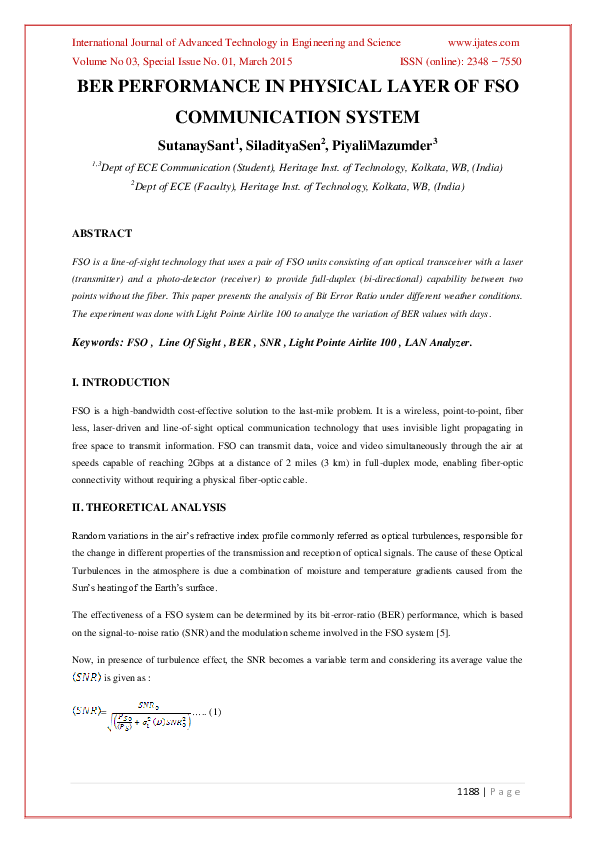 (PDF) BER PERFORMANCE IN PHYSICAL LAYER OF FSO COMMUNICATION SYSTEM