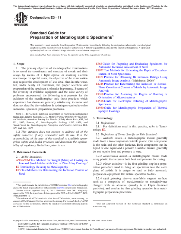 (PDF) Standard Guide for Preparation of Metallographic Specimens 1