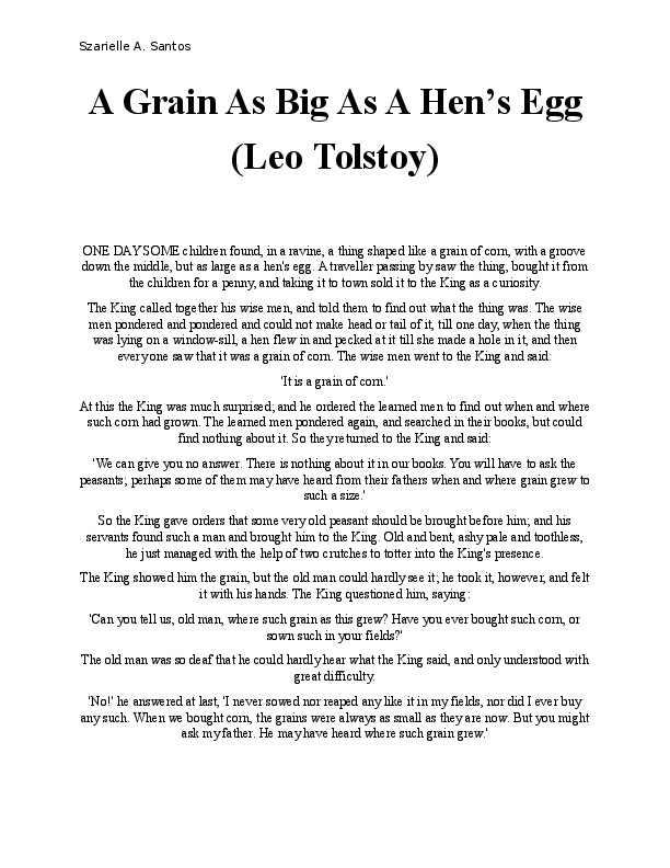 (DOC) A Grain As Big As A Hen's Egg (Leo Tolstoy Efraime Dizon