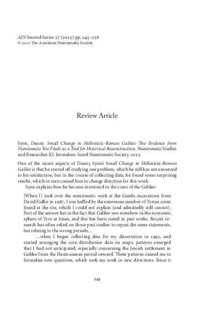 Review Article: Small Change in Hellenistic-Roman Galilee by Danny Syon