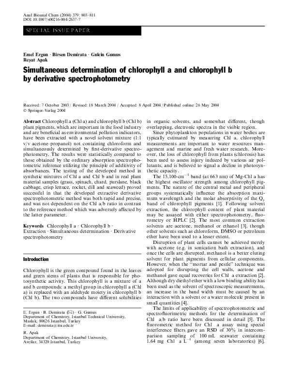 (PDF) Simultaneous determination of chlorophyll a and chlorophyll b by ...