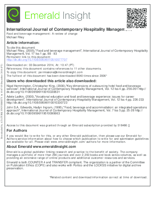 (PDF) International Journal of Contemporary Hospitality Management Food