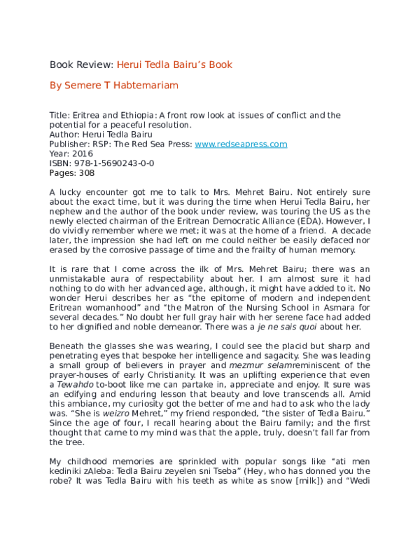 (DOC) Book Review:Eritrea and Ethiopia: A front row look at issues of