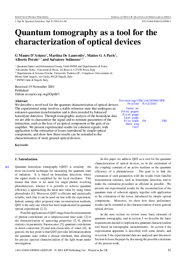 (PDF) Quantum tomography as a tool for the characterization of optical