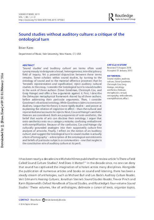 (PDF) Sound studies without auditory culture: a critique of the ...
