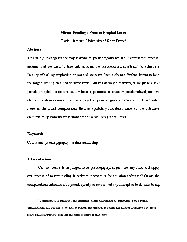 (PDF) MirrorReading a Pseudepigraphal Letter David Lincicum