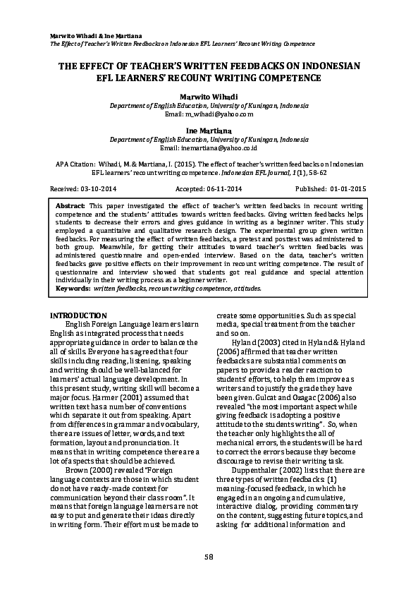 (PDF) THE EFFECT OF TEACHER'S WRITTEN FEEDBACKS ON INDONESIAN EFL ...