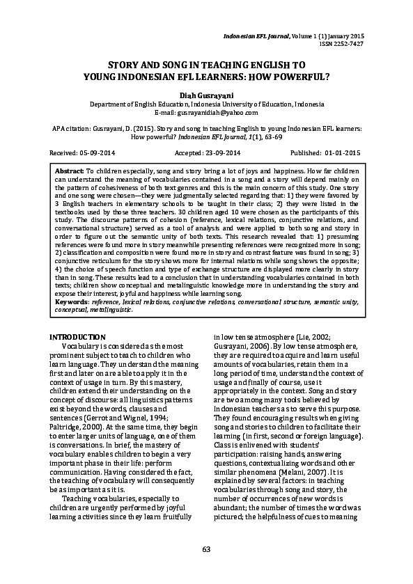 (PDF) STORY AND SONG IN TEACHING ENGLISH TO YOUNG INDONESIAN EFL ...