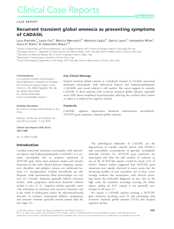 (PDF) Recurrent transient global amnesia as presenting symptoms of CADASIL