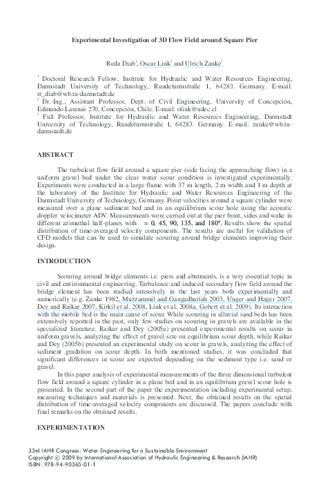(PDF) Experimental investigation of 3D flow field around square pier