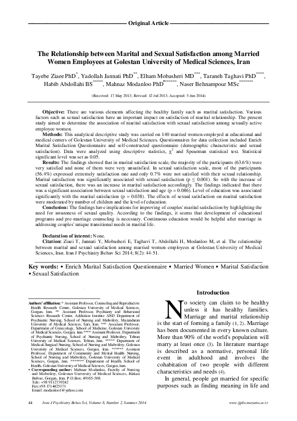 (PDF) The Relationship between Marital and Sexual Satisfaction among ...