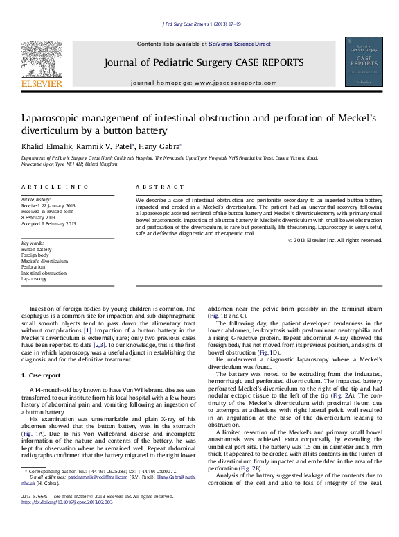 (PDF) Accidental Button Cell Ingestion Causing Perforation of Meckels