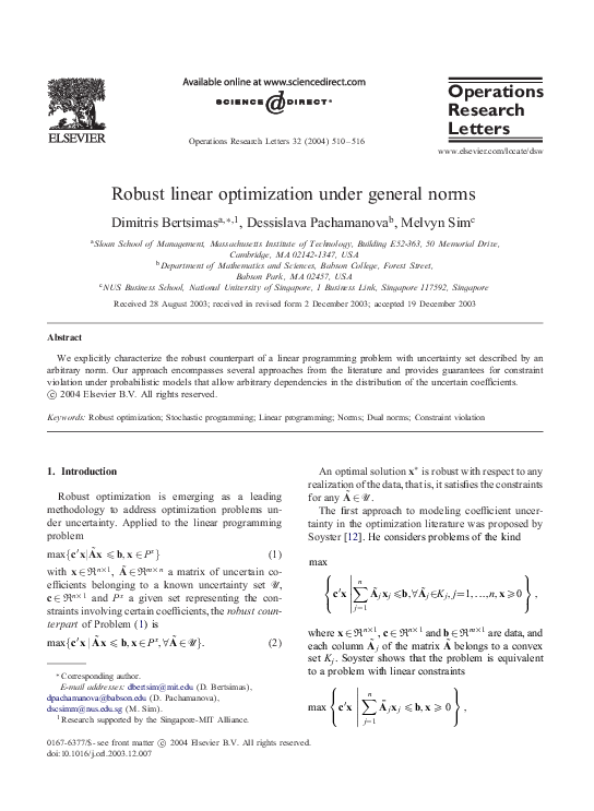 (PDF) Robust linear optimization under general norms