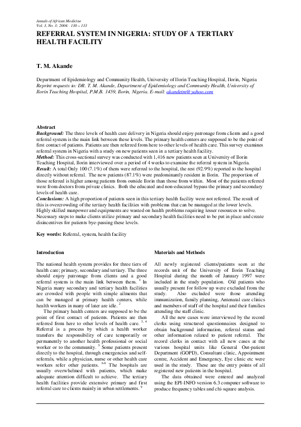 (PDF) Referral System in Nigeria: Study of a Tertiary Health Facility