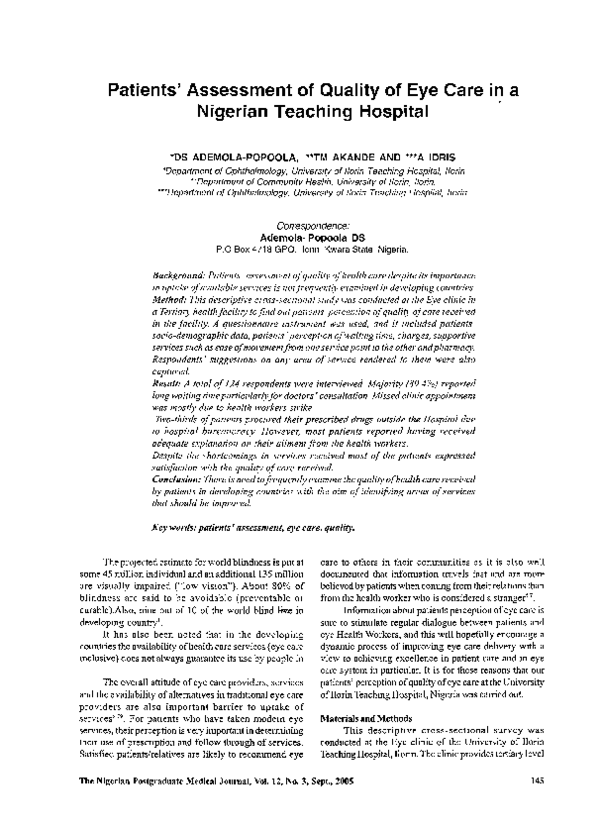 (PDF) Patients’ assessment of quality of eye care in a nigerian ...