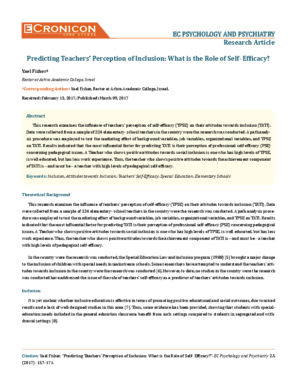 (PDF) EC PSYCHOLOGY AND PSYCHIATRY Predicting Teachers' Perception of