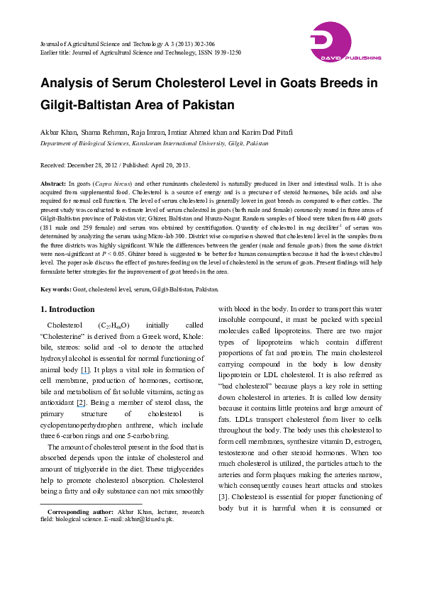 (PDF) Analysis of Serum Cholesterol Level in Goats Breeds in GilgitBaltistan Area of Pakistan