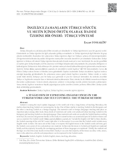 (PDF) A SUGGESTION OF EXPRESSING ENGLISH TENSES IN THE TURKISH WORD AND ...