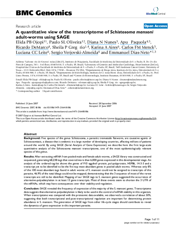 (PDF) A quantitative view of the transcriptome of Schistosoma mansoni ...
