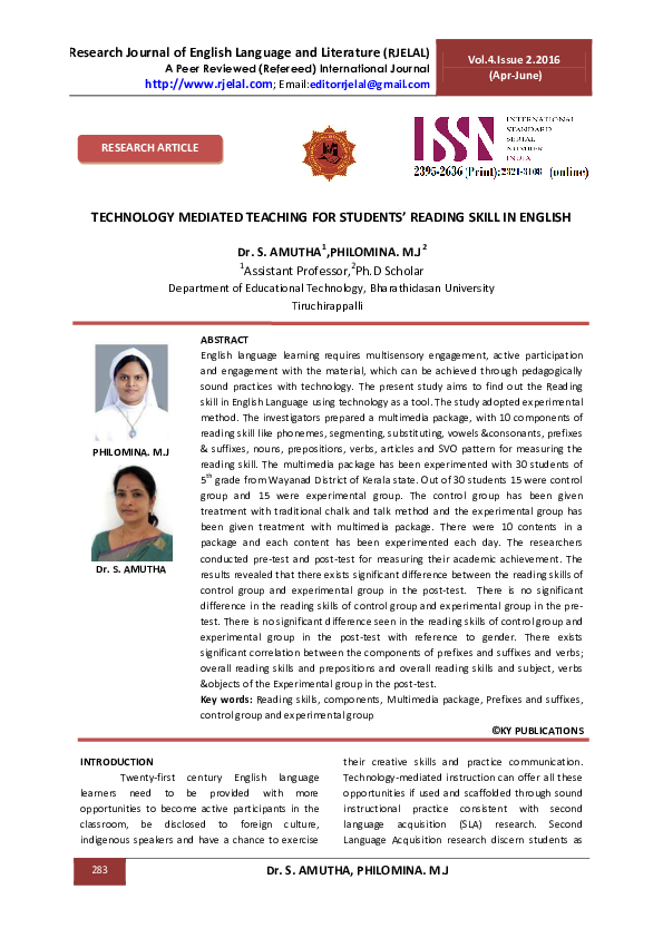 Pdf Technology Mediated Teaching For Students Reading Skill In English