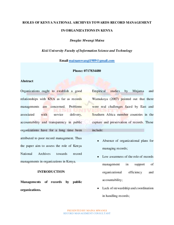 (PDF) ROLES OF KENYA NATIONAL ARCHIVES TOWARDS RECORD MANAGEMENT IN