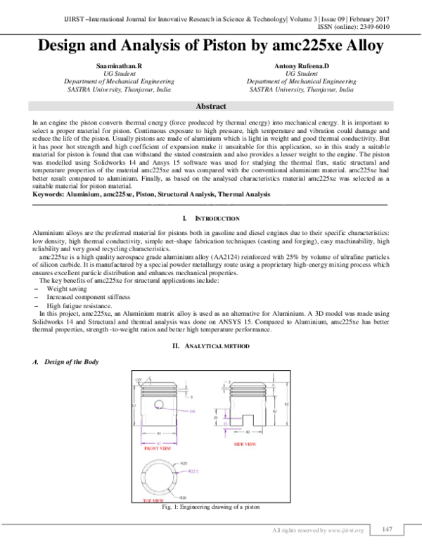 (PDF) Design and Analysis of Piston by amc225xe Alloy IJIRST International Journal for