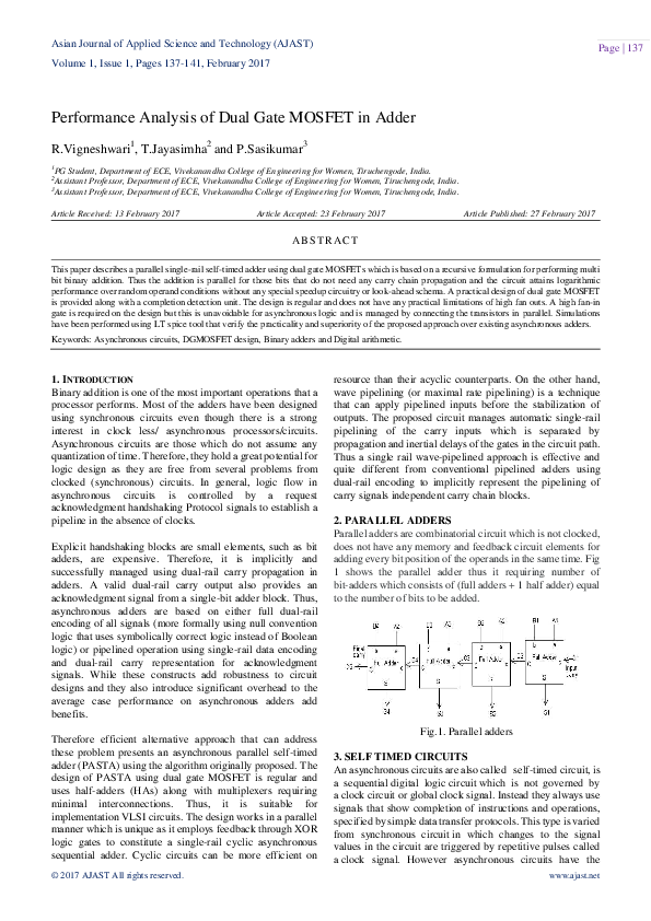 (PDF) Performance Analysis of Dual Gate MOSFET in Adder