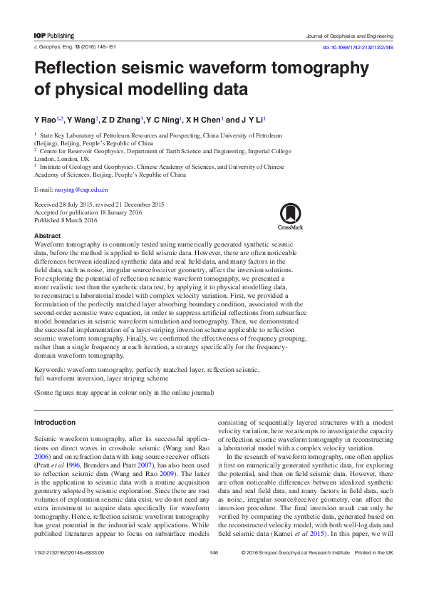 (PDF) Reflection seismic waveform tomography of physical modelling data