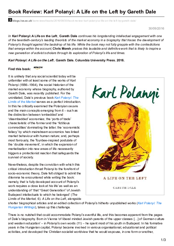 Review of: Karl Polanyi A Life on the Left, by Gareth Dale. 2016, Columbia University Press