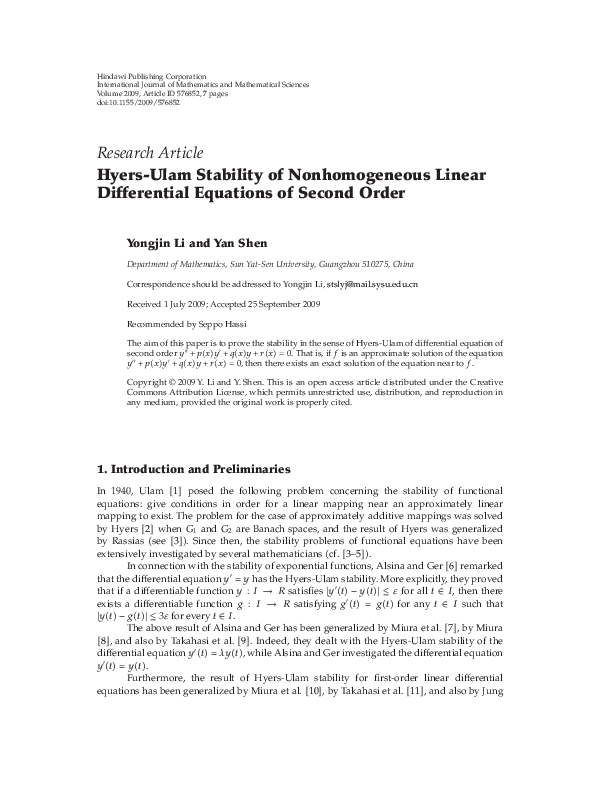 (PDF) Hyers-Ulam Stability of Nonhomogeneous Linear Differential ...
