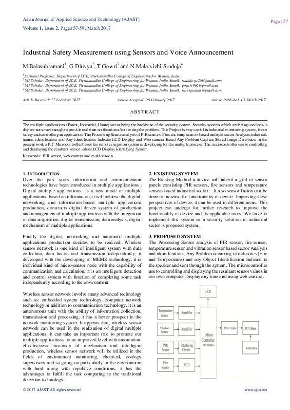 (PDF) Industrial Safety Measurement using Sensors and Voice Announcement