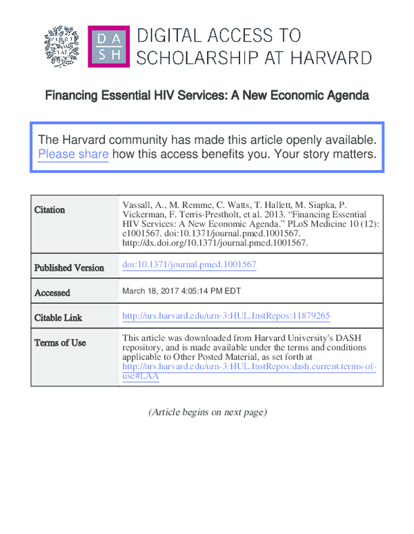 (PDF) Financing essential HIV services: a new economic agenda