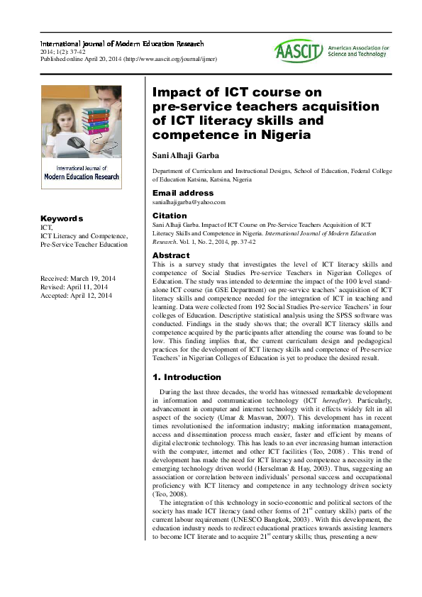 Pdf Impact Of Ict Course On Pre Service Teachers Acquisition Of Ict