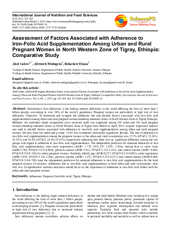  PDF Assessment Of Factors Associated With Adherence To Iron Folic Acid Supplementation Among 