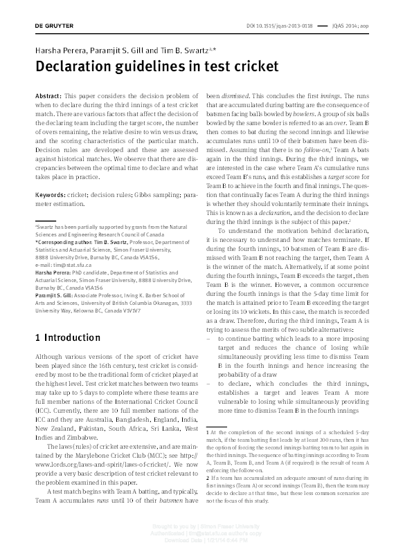 (PDF) Declaration guidelines in test cricket Paramjit Gill and Tim Swartz Academia.edu