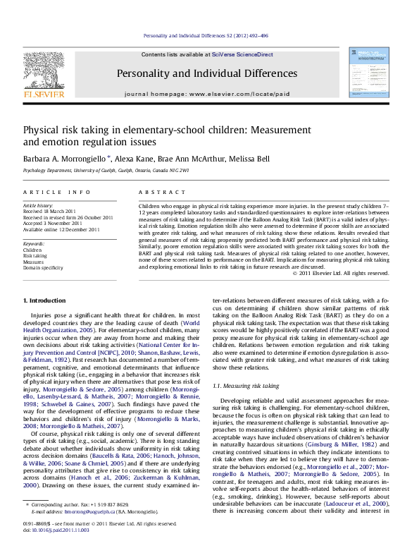 (PDF) Physical risk taking in elementary-school children: Measurement ...