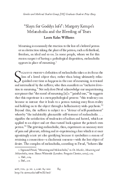“Slayn for Goddys lofe”: Margery Kempe’s Melancholia and the Bleeding of Tears