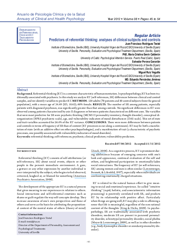 (PDF) Predictors of referential thinking: analyses of clinical subjects ...